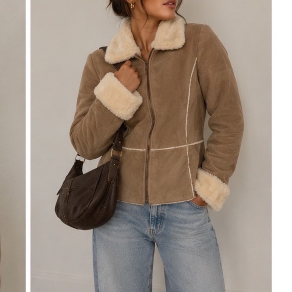New York Classics Tan Suede Leather Faux Fur Trim Shearling Jacket Vintage gg
